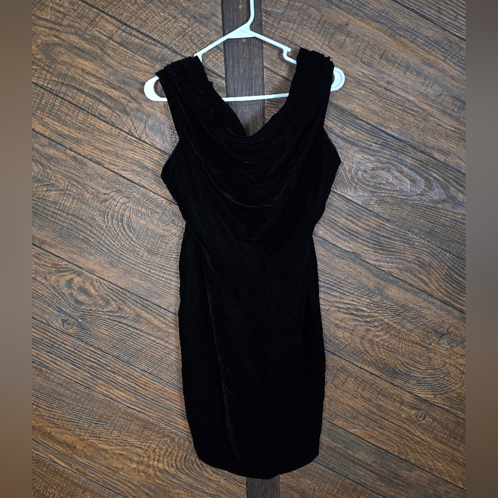 Vintage Anne Klein II Velour Velvet Little Black Bodycon Dress Size 10